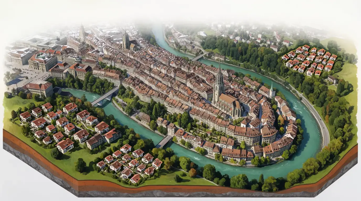 Illustration der Berner Altstadt mit Aareschlaufe und umliegenden Quartieren